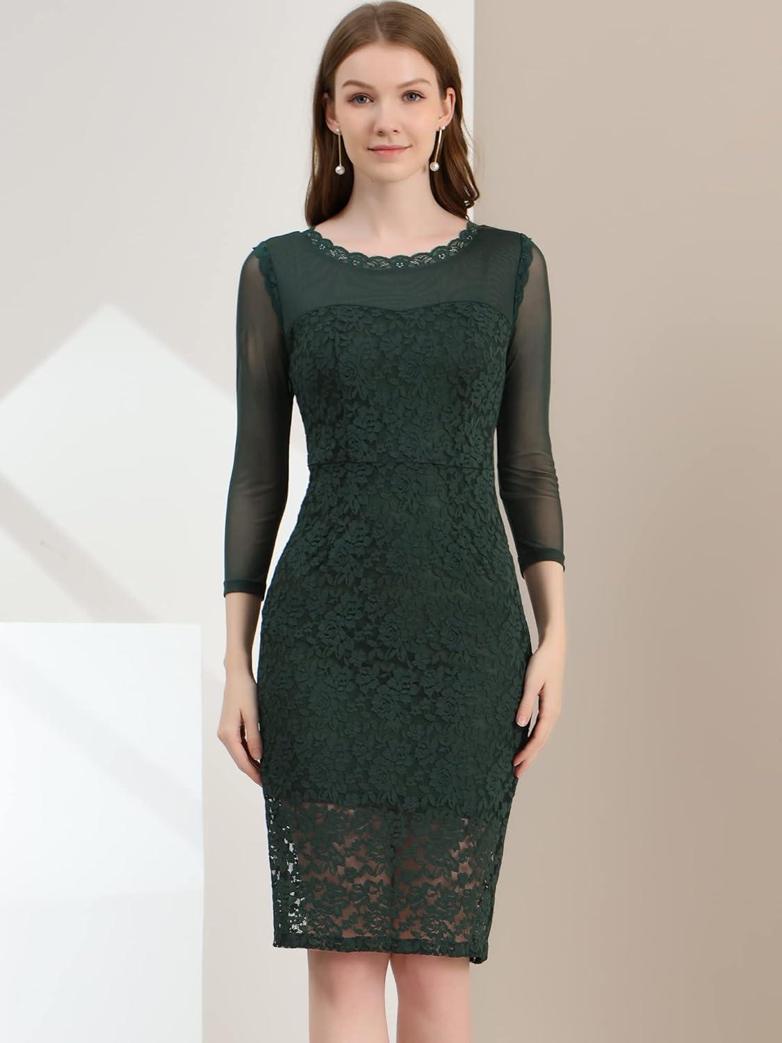 imageAllegra K Womens Elegant Mesh Sheer Long Sleeve Stretch Knit Floral Lace Bodycon DressGreen