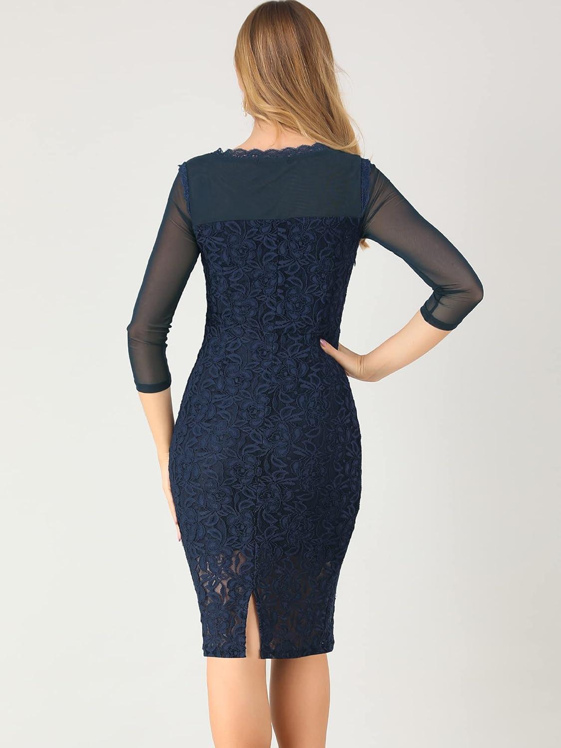imageAllegra K Womens Elegant Mesh Sheer Long Sleeve Stretch Knit Floral Lace Bodycon DressNavy