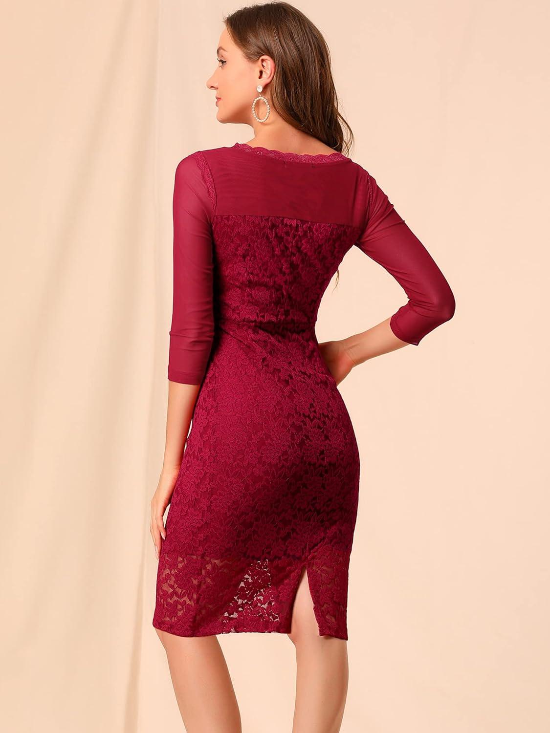 imageAllegra K Womens Elegant Mesh Sheer Long Sleeve Stretch Knit Floral Lace Bodycon DressRed
