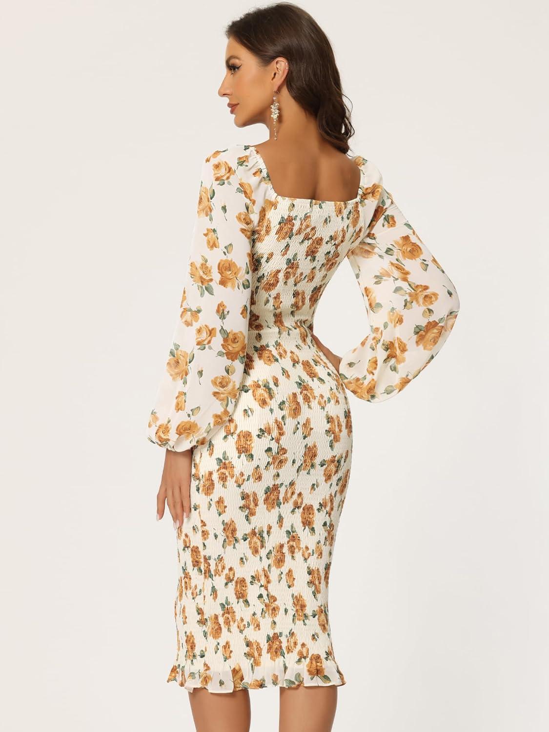 imageAllegra K Womens Floral Dresses Mermaid Square Neck Ruffle Puff Sleeve Smocked Bodycon DressBeige