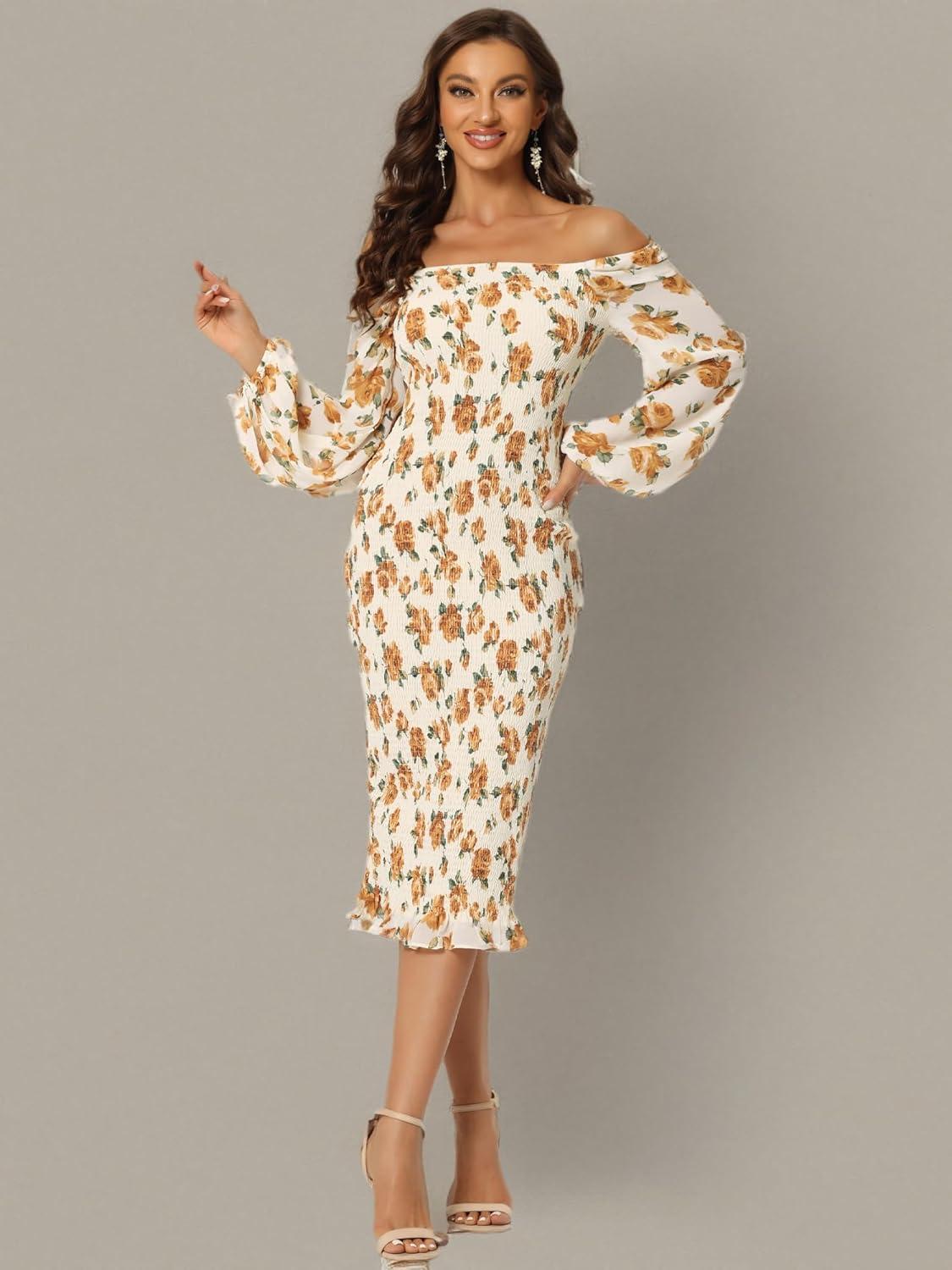 imageAllegra K Womens Floral Dresses Mermaid Square Neck Ruffle Puff Sleeve Smocked Bodycon DressBeige