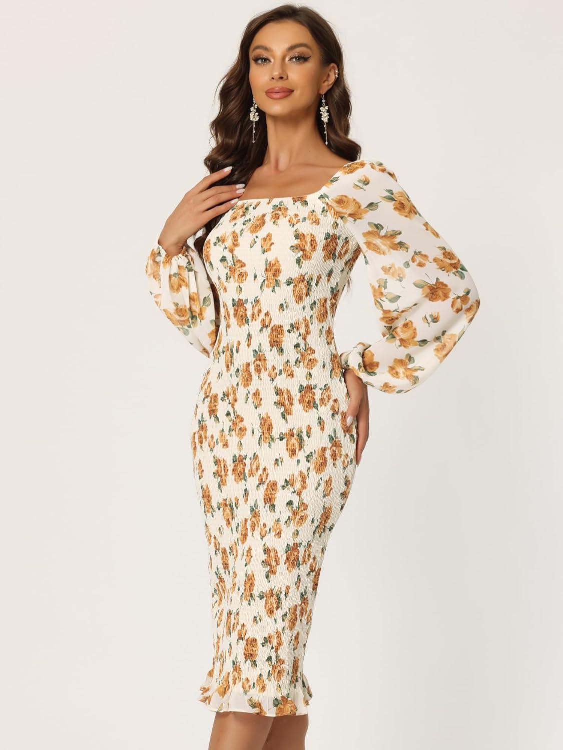 imageAllegra K Womens Floral Dresses Mermaid Square Neck Ruffle Puff Sleeve Smocked Bodycon DressBeige