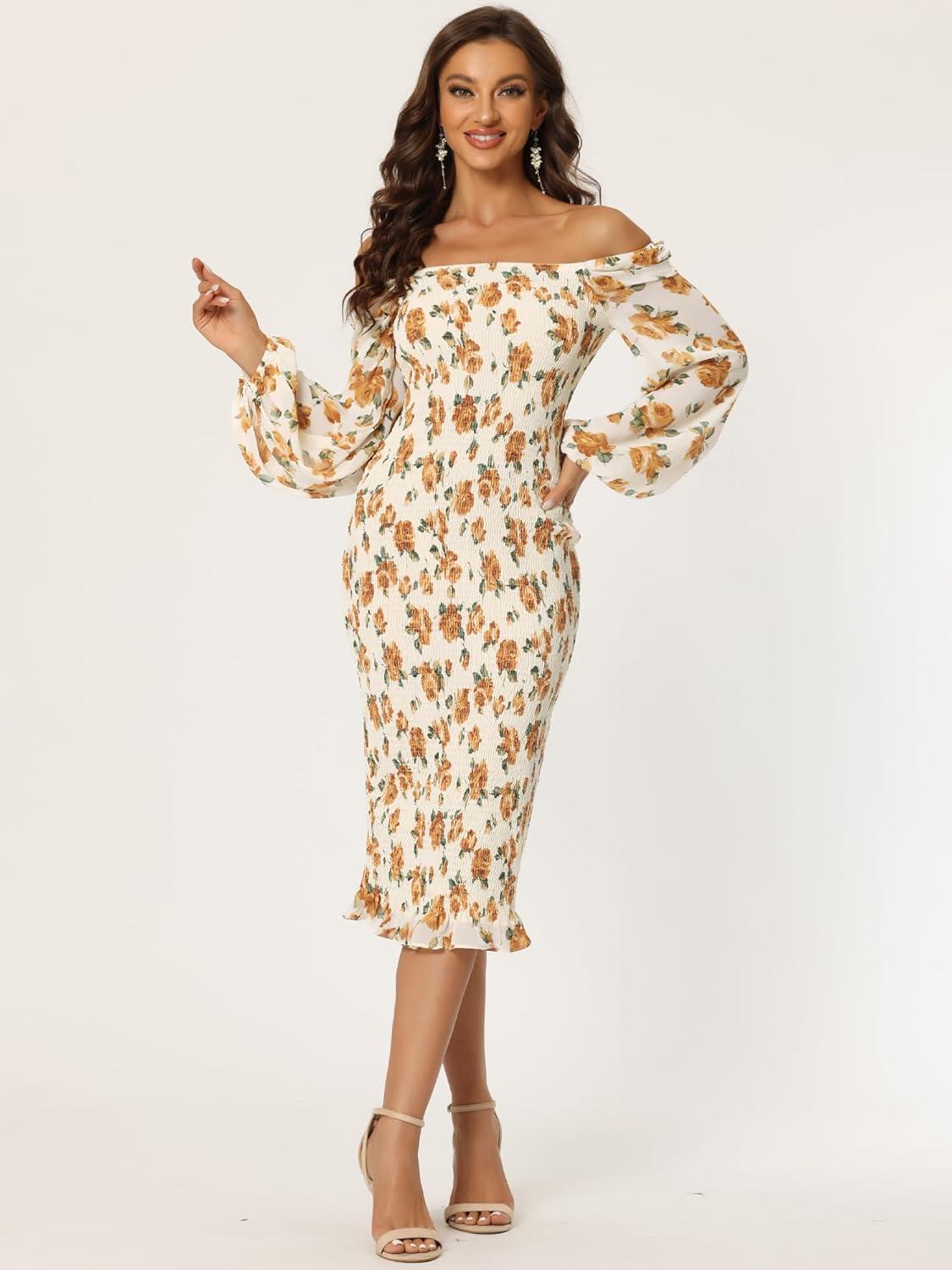 imageAllegra K Womens Floral Dresses Mermaid Square Neck Ruffle Puff Sleeve Smocked Bodycon DressBeige