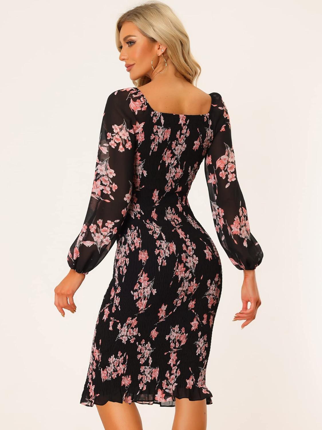imageAllegra K Womens Floral Dresses Mermaid Square Neck Ruffle Puff Sleeve Smocked Bodycon DressBlack