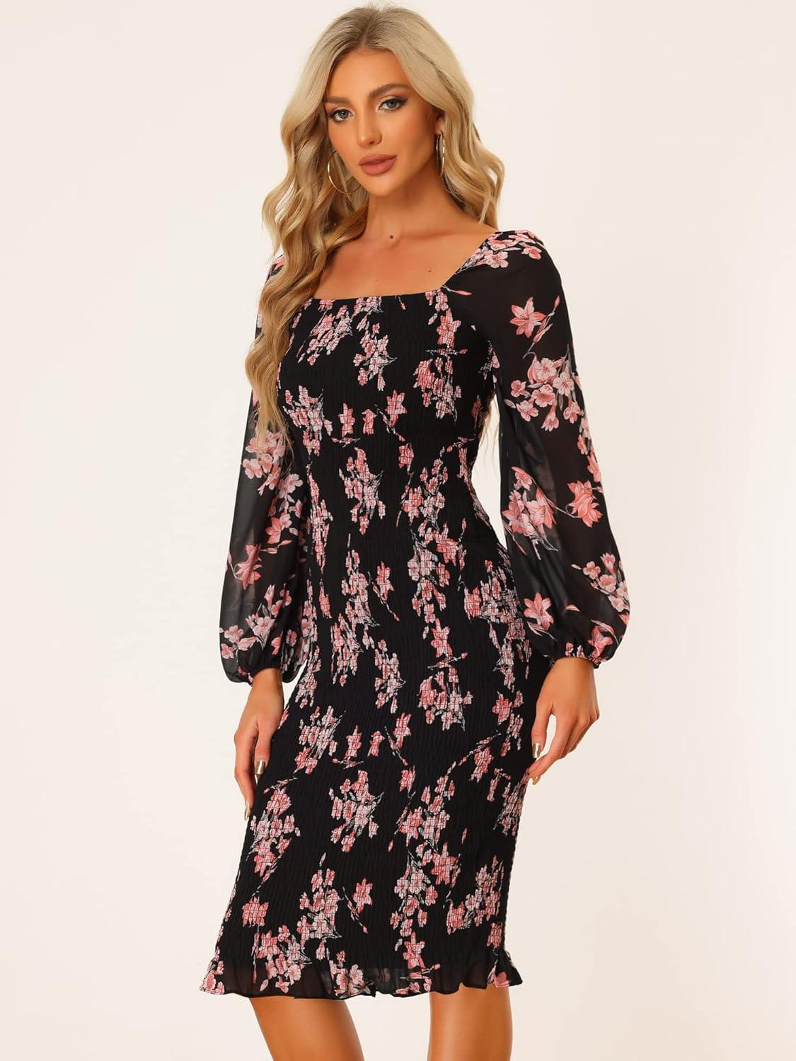 imageAllegra K Womens Floral Dresses Mermaid Square Neck Ruffle Puff Sleeve Smocked Bodycon DressBlack