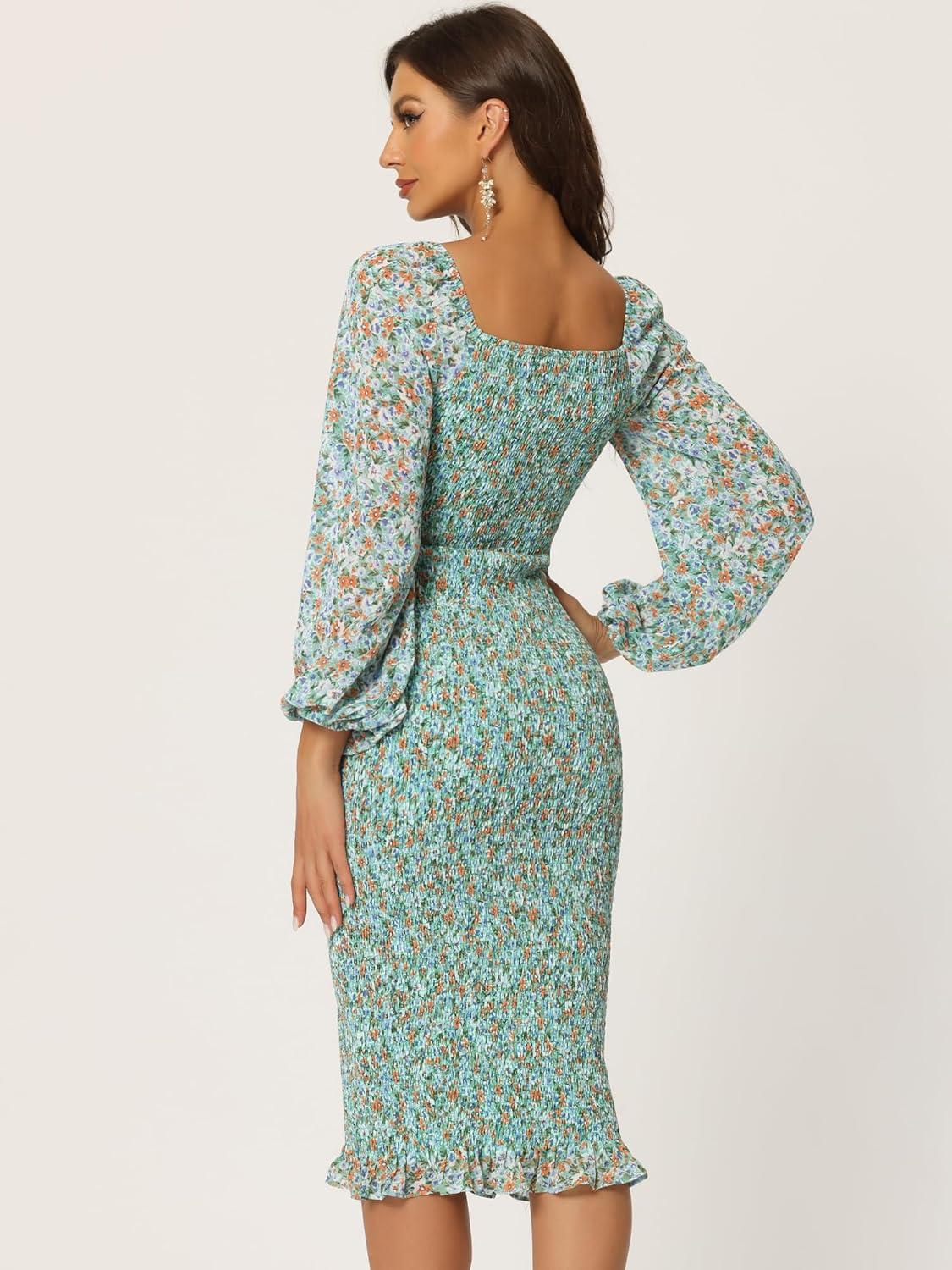 imageAllegra K Womens Floral Dresses Mermaid Square Neck Ruffle Puff Sleeve Smocked Bodycon DressLight Green
