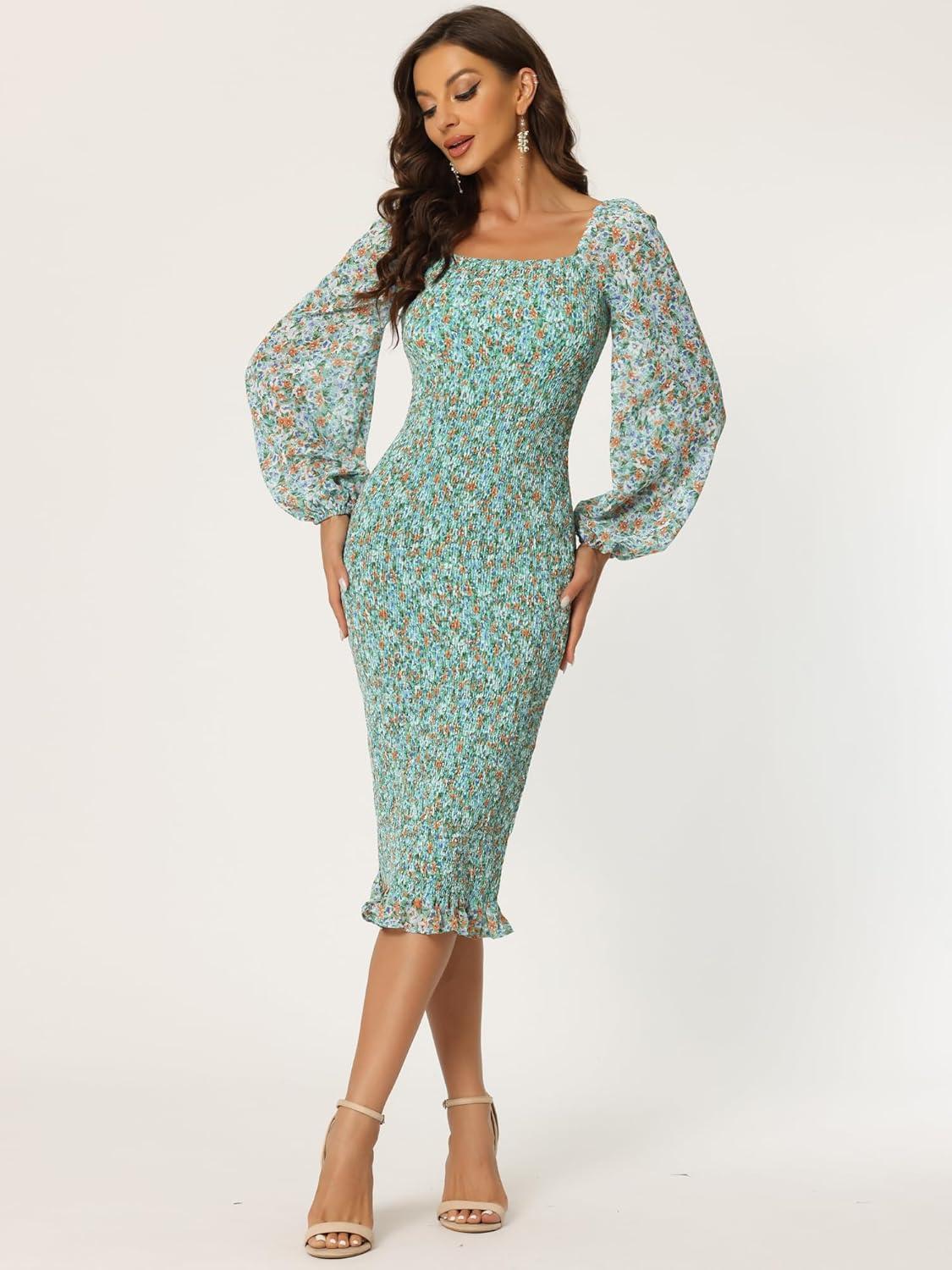 imageAllegra K Womens Floral Dresses Mermaid Square Neck Ruffle Puff Sleeve Smocked Bodycon DressLight Green