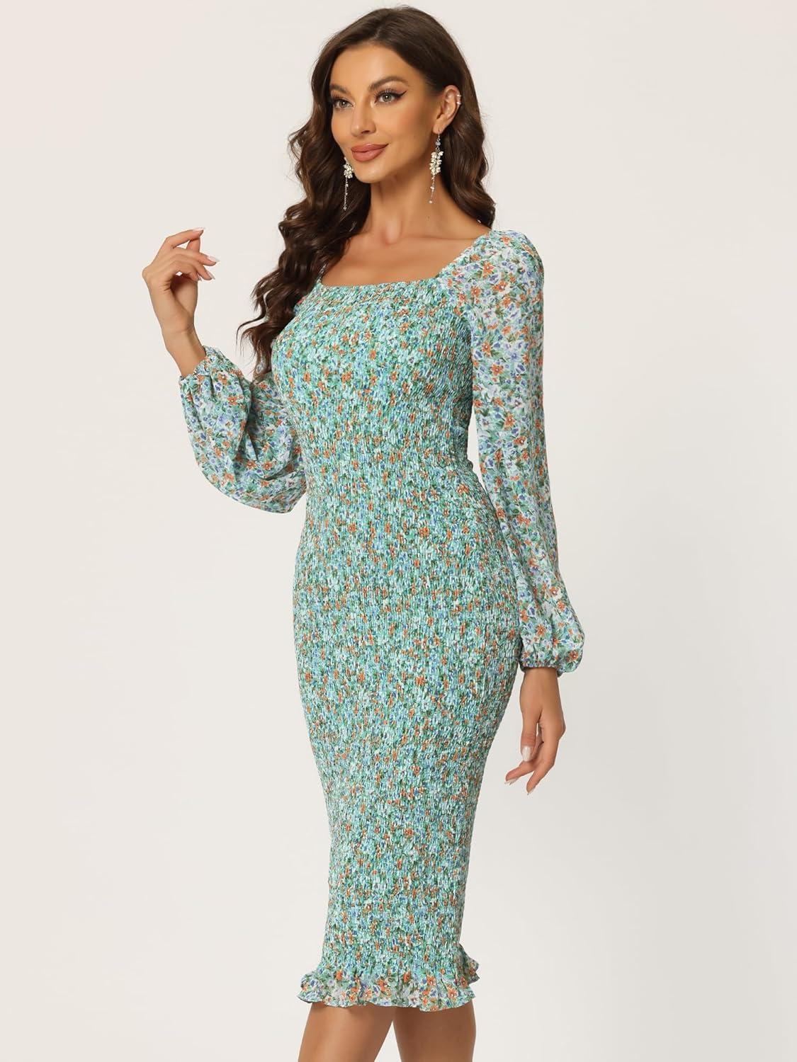 imageAllegra K Womens Floral Dresses Mermaid Square Neck Ruffle Puff Sleeve Smocked Bodycon DressLight Green