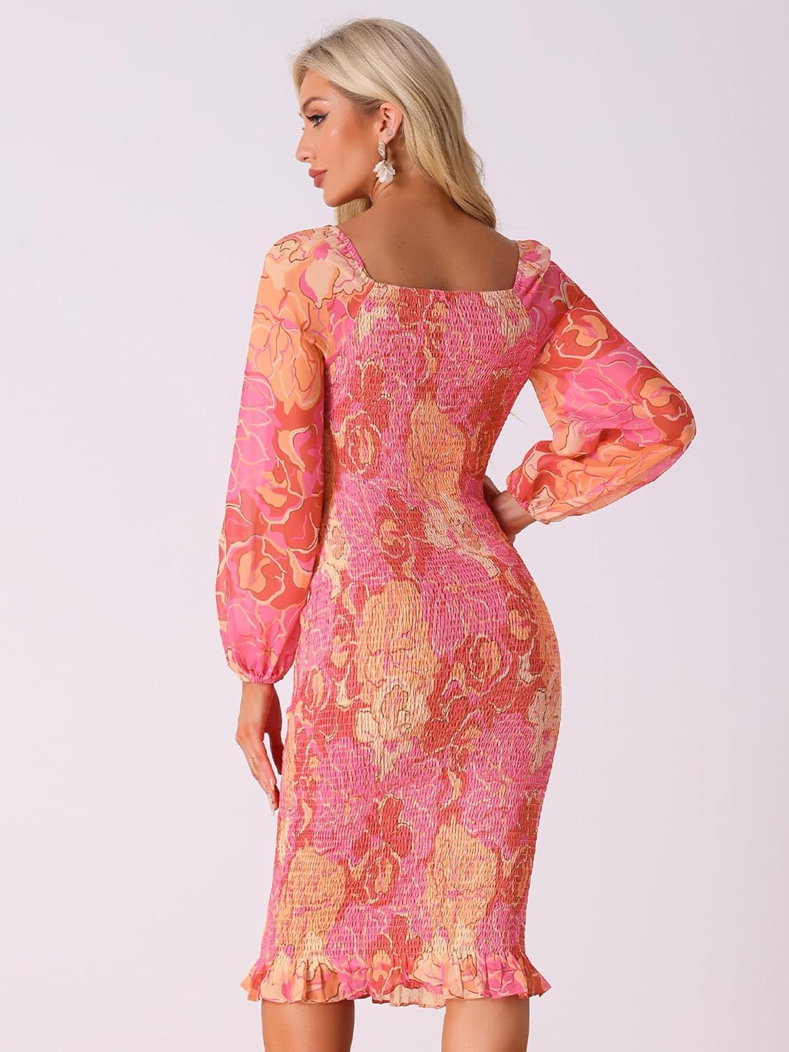 imageAllegra K Womens Floral Dresses Mermaid Square Neck Ruffle Puff Sleeve Smocked Bodycon DressPink