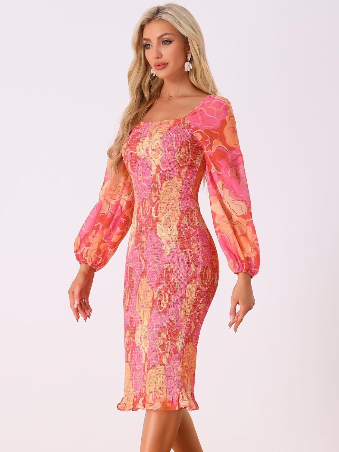imageAllegra K Womens Floral Dresses Mermaid Square Neck Ruffle Puff Sleeve Smocked Bodycon DressPink
