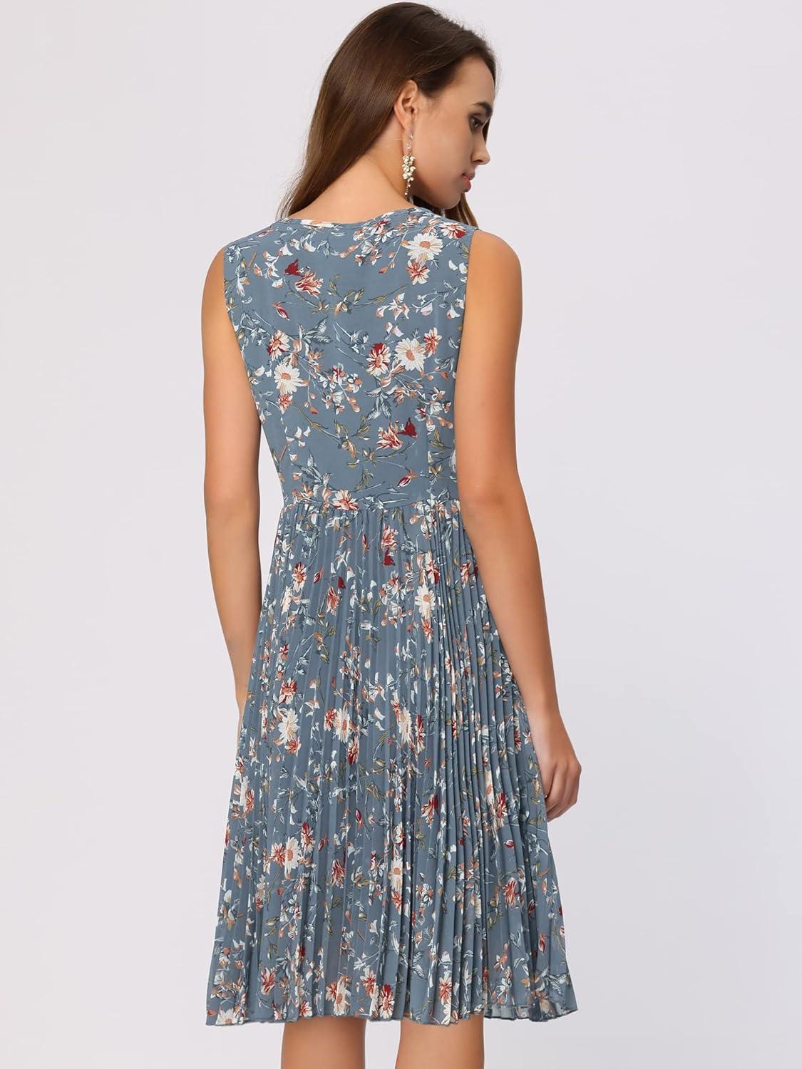 imageAllegra K Womens Floral Print Summer ALine Below Knee Length Sleeveless Pleated DressBlue Grey