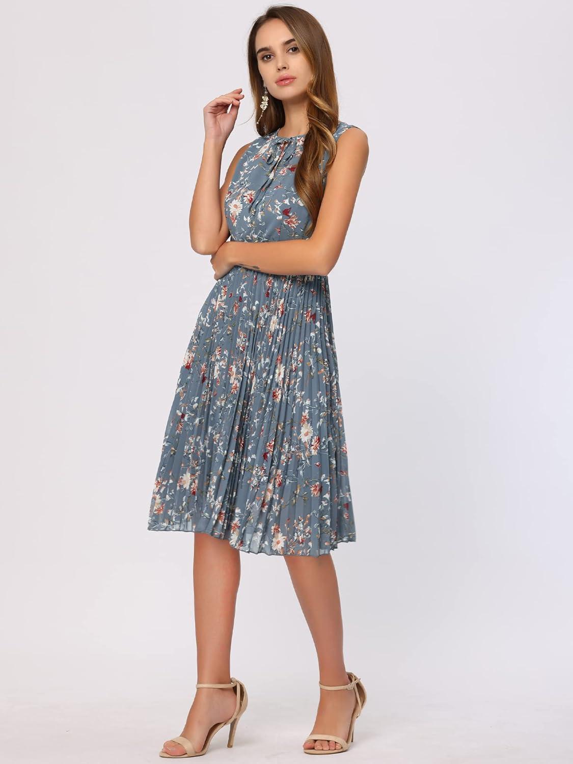 imageAllegra K Womens Floral Print Summer ALine Below Knee Length Sleeveless Pleated DressBlue Grey