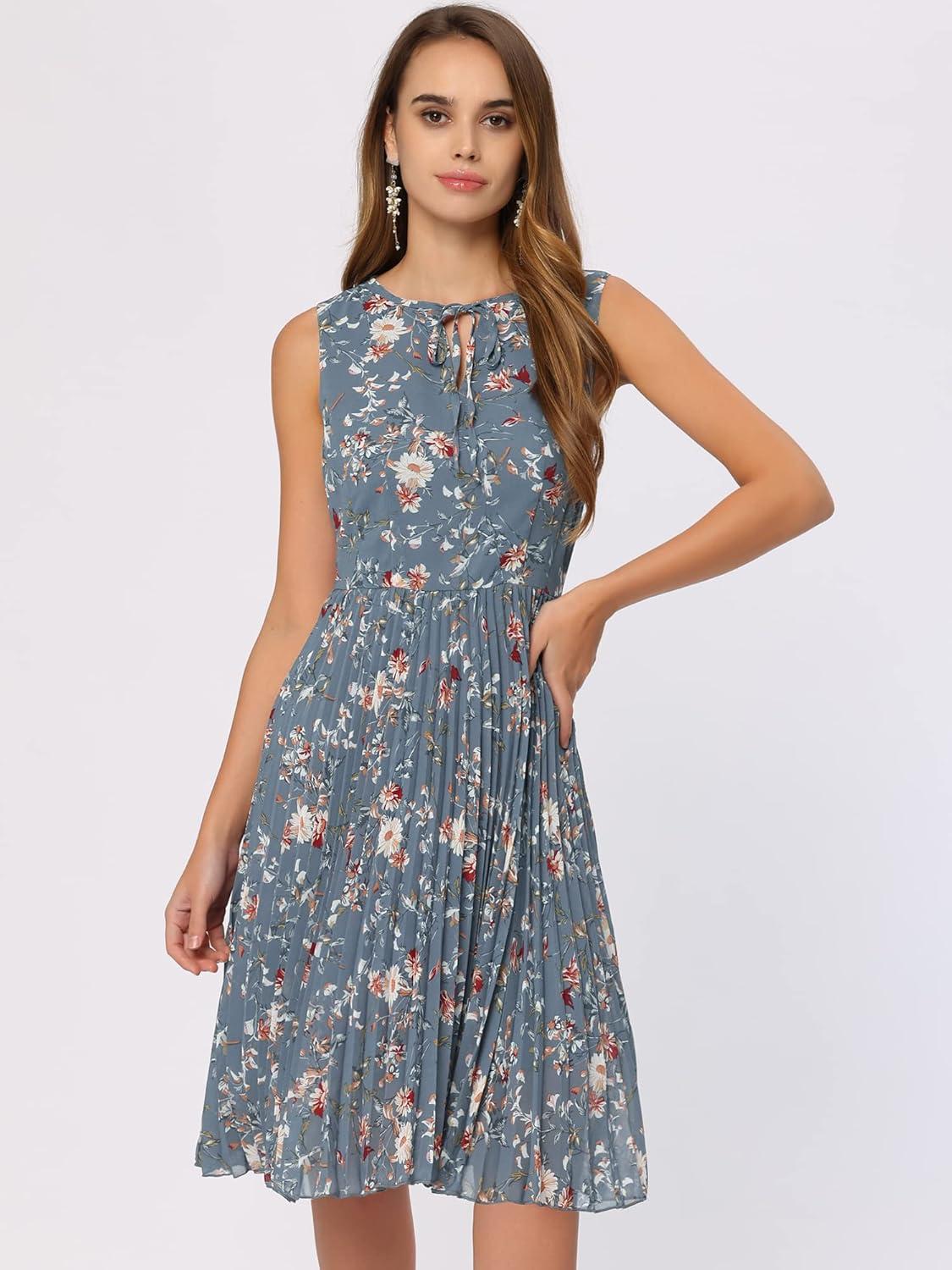 imageAllegra K Womens Floral Print Summer ALine Below Knee Length Sleeveless Pleated DressBlue Grey