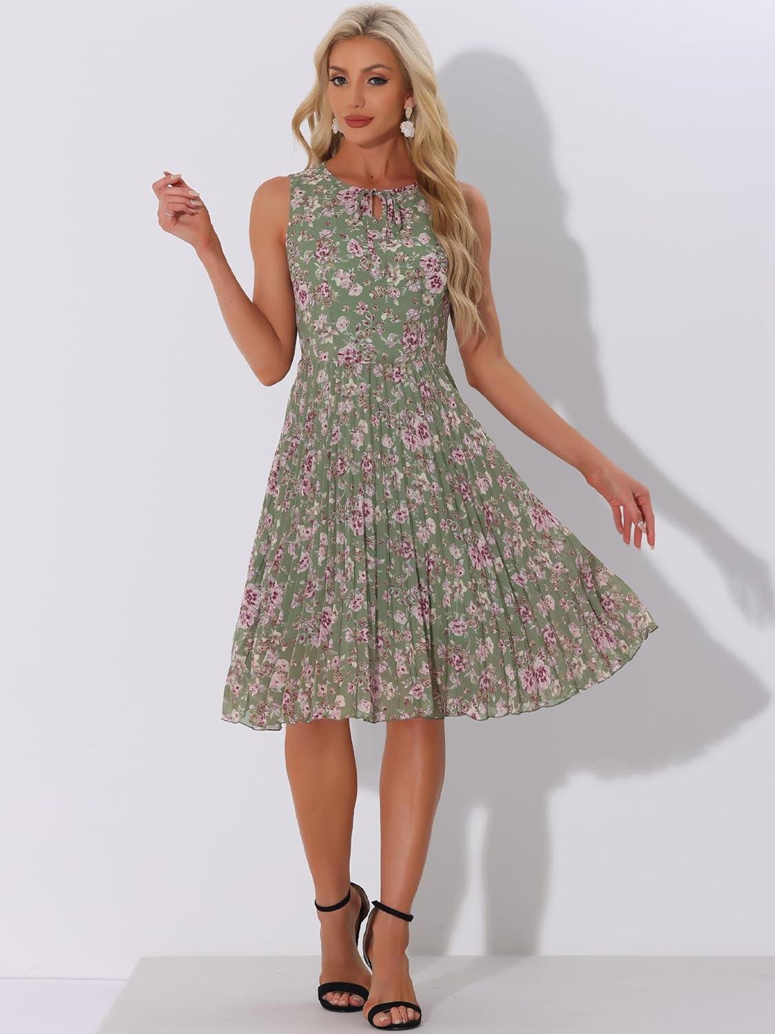 imageAllegra K Womens Floral Print Summer ALine Below Knee Length Sleeveless Pleated DressGray Green