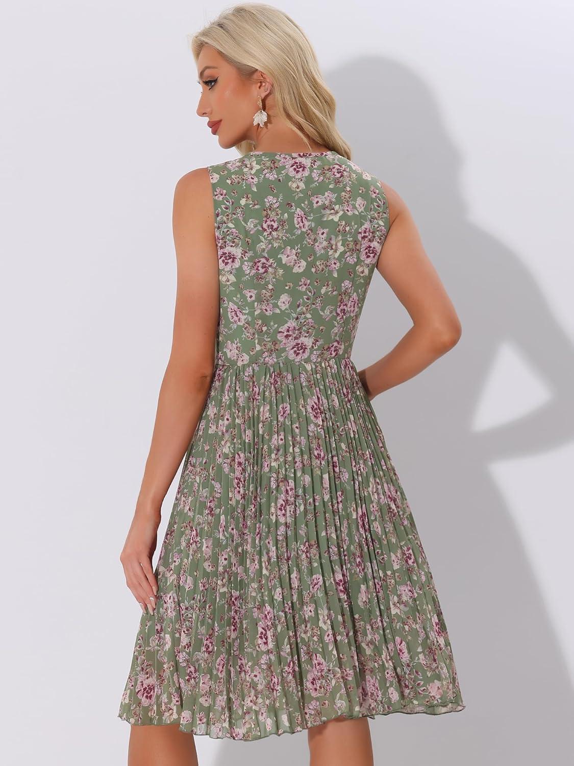 imageAllegra K Womens Floral Print Summer ALine Below Knee Length Sleeveless Pleated DressGray Green