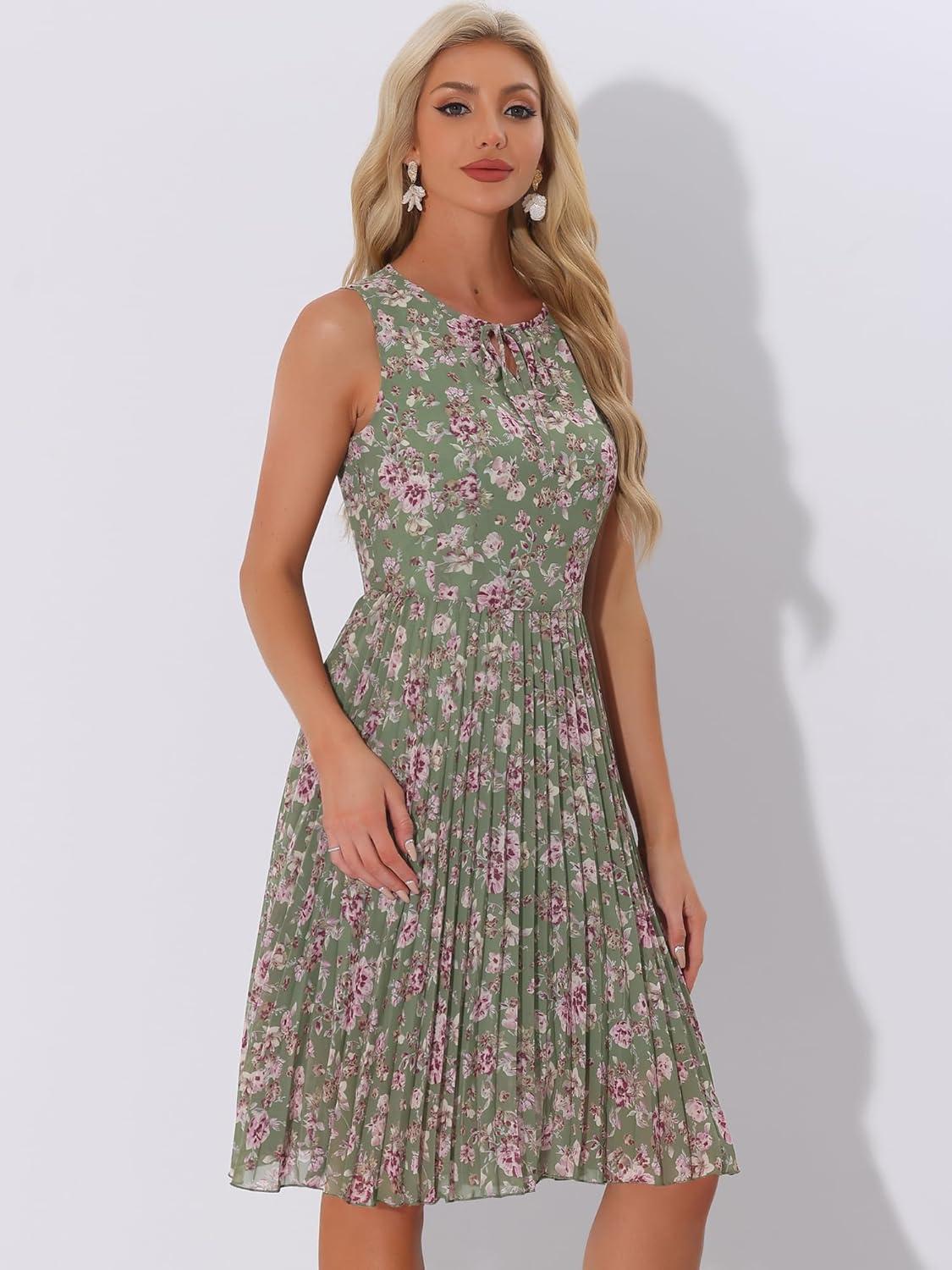 imageAllegra K Womens Floral Print Summer ALine Below Knee Length Sleeveless Pleated DressGray Green