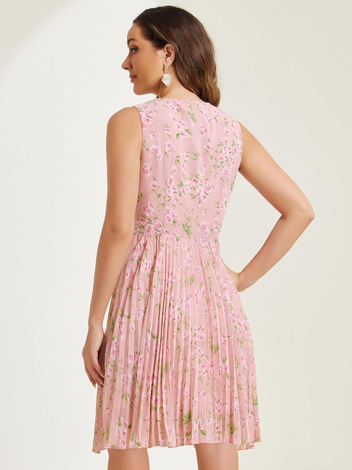imageAllegra K Womens Floral Print Summer ALine Below Knee Length Sleeveless Pleated DressLight Pink
