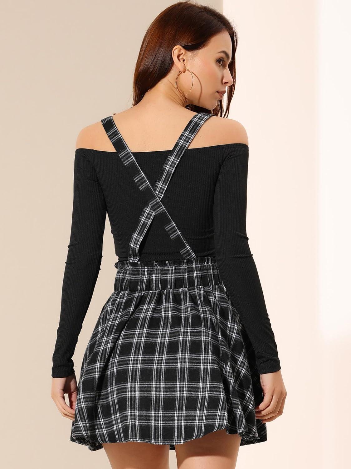imageAllegra K Womens Halloween Tartan Skirt Gothic Plaid High Waist Detachable Suspender SkirtsBlack