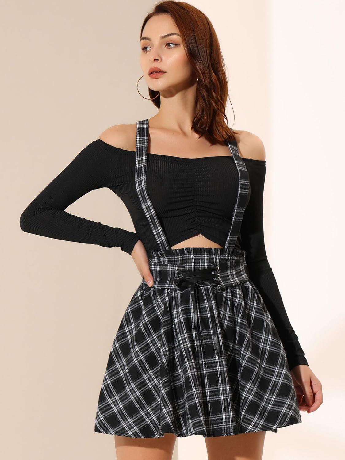 imageAllegra K Womens Halloween Tartan Skirt Gothic Plaid High Waist Detachable Suspender SkirtsBlack