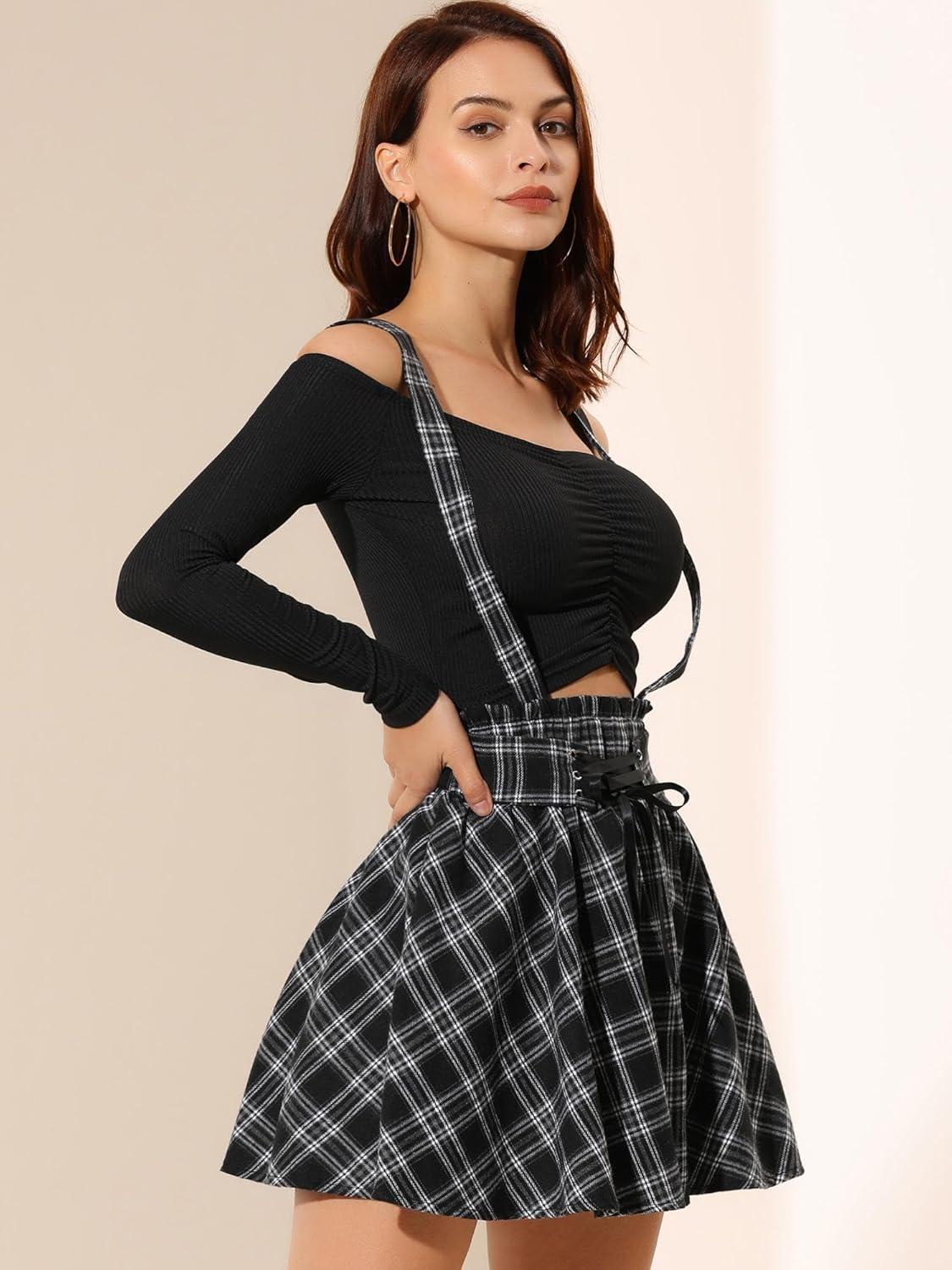 imageAllegra K Womens Halloween Tartan Skirt Gothic Plaid High Waist Detachable Suspender SkirtsBlack