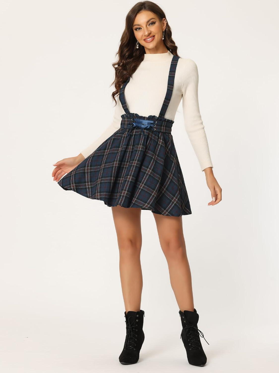 imageAllegra K Womens Halloween Tartan Skirt Gothic Plaid High Waist Detachable Suspender SkirtsDark Blue