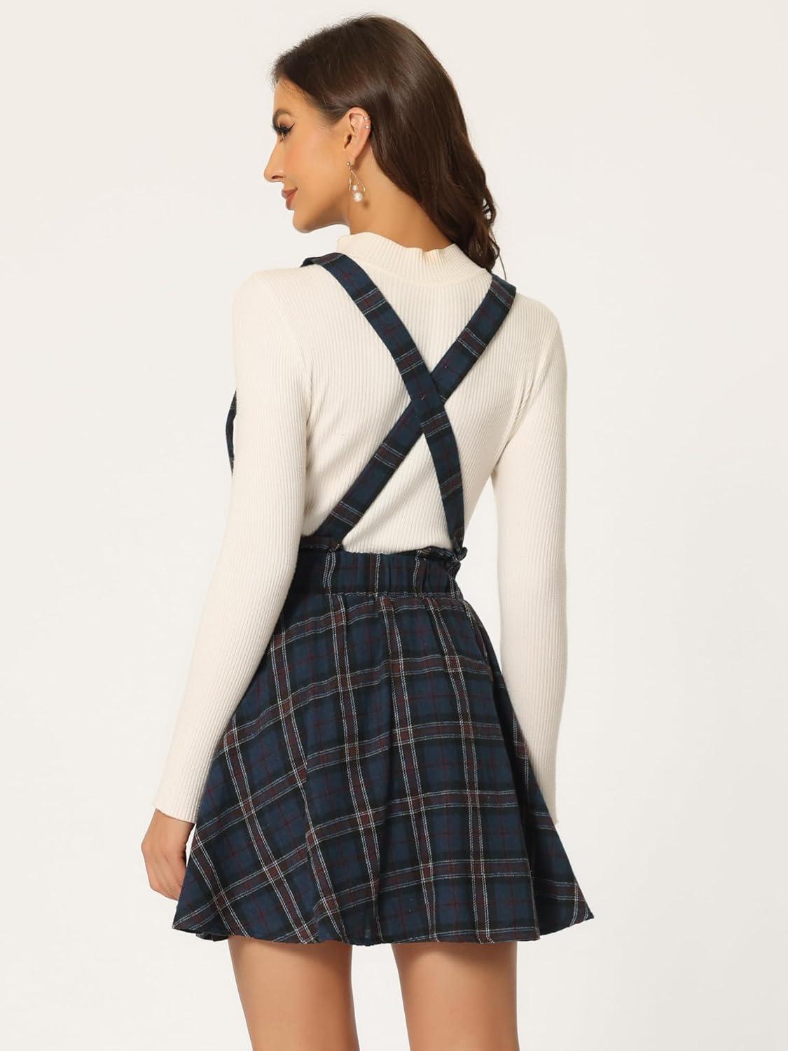 imageAllegra K Womens Halloween Tartan Skirt Gothic Plaid High Waist Detachable Suspender SkirtsDark Blue
