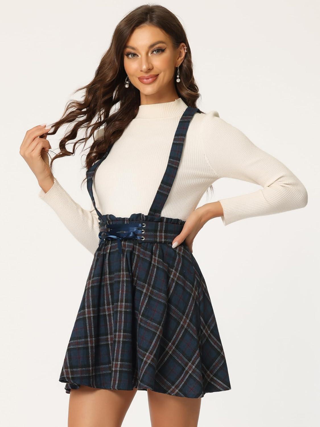 imageAllegra K Womens Halloween Tartan Skirt Gothic Plaid High Waist Detachable Suspender SkirtsDark Blue