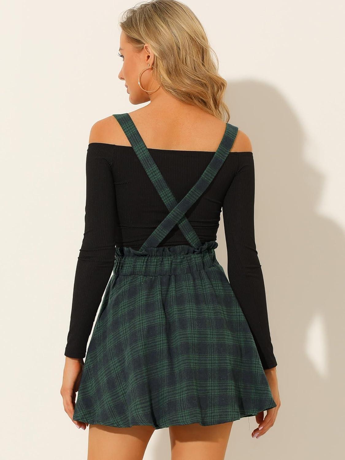 imageAllegra K Womens Halloween Tartan Skirt Gothic Plaid High Waist Detachable Suspender SkirtsGreen