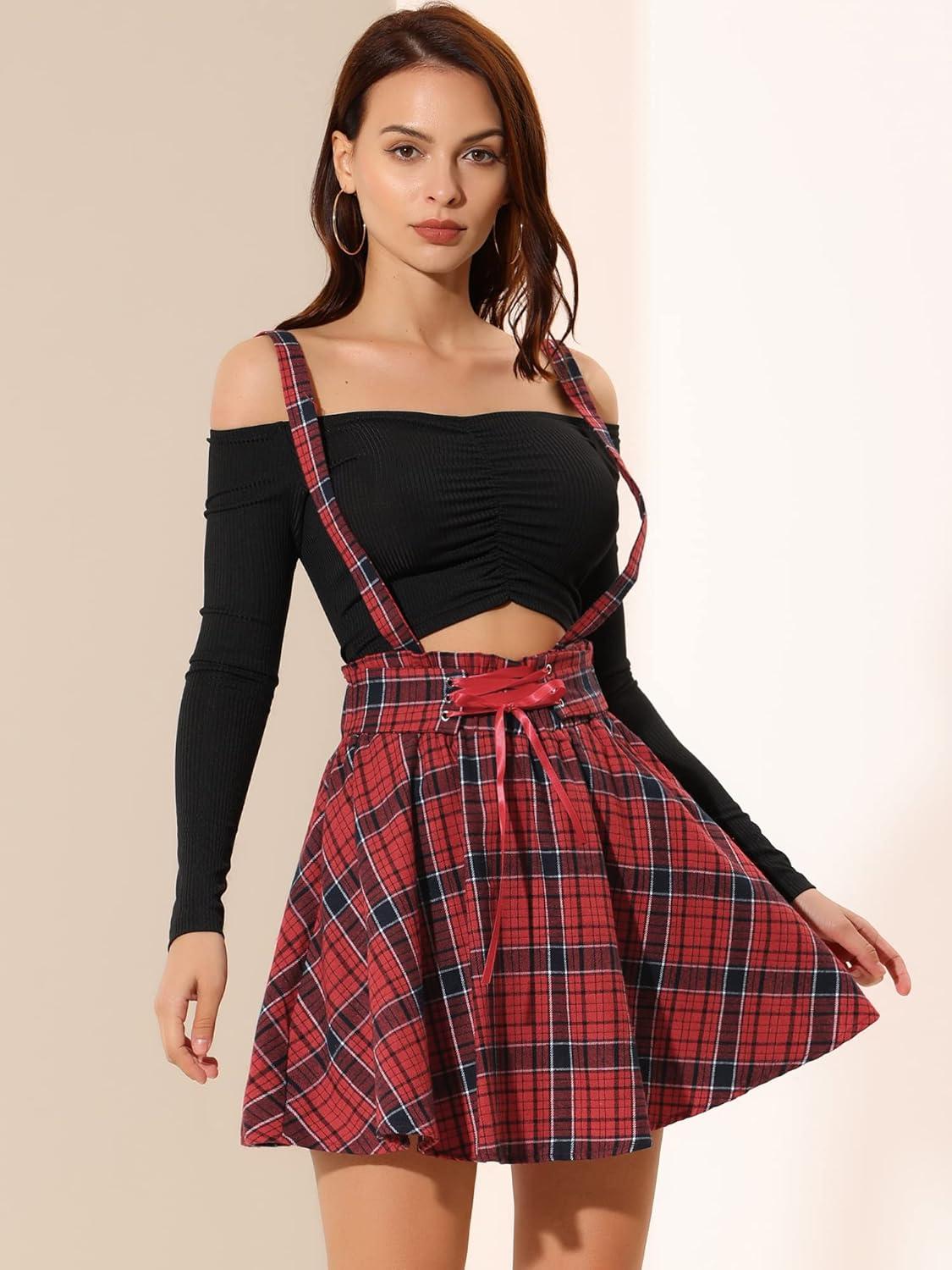 imageAllegra K Womens Halloween Tartan Skirt Gothic Plaid High Waist Detachable Suspender SkirtsRed Black