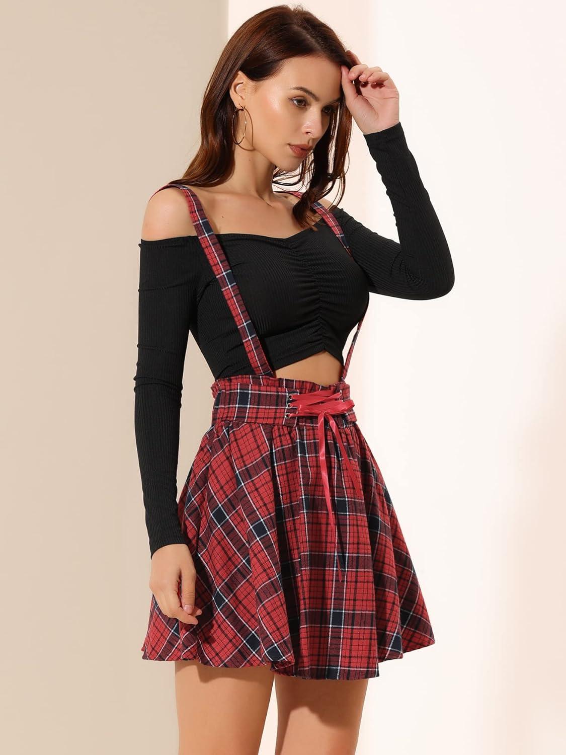 imageAllegra K Womens Halloween Tartan Skirt Gothic Plaid High Waist Detachable Suspender SkirtsRed Black