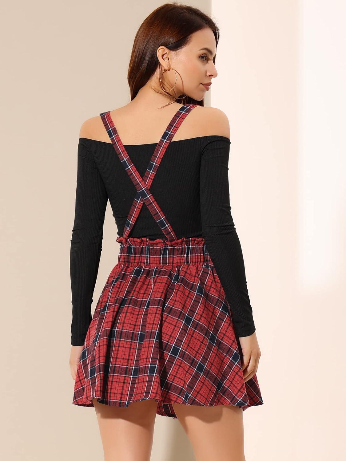 imageAllegra K Womens Halloween Tartan Skirt Gothic Plaid High Waist Detachable Suspender SkirtsRed Black