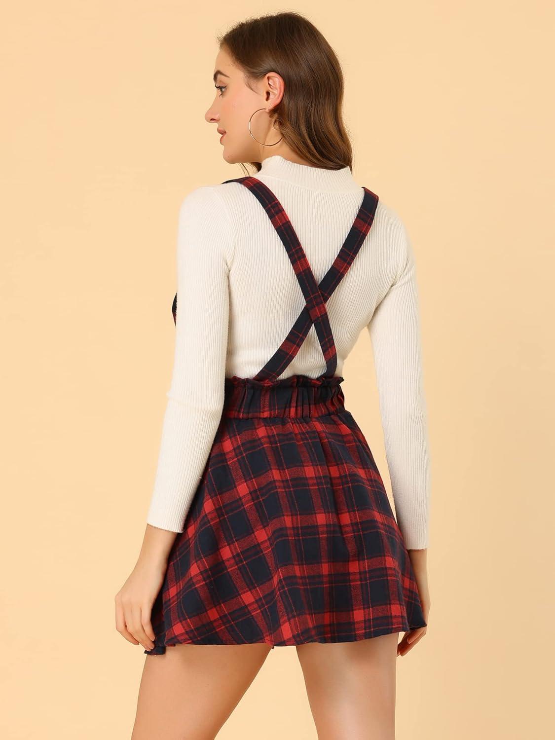 imageAllegra K Womens Halloween Tartan Skirt Gothic Plaid High Waist Detachable Suspender SkirtsRed Blue