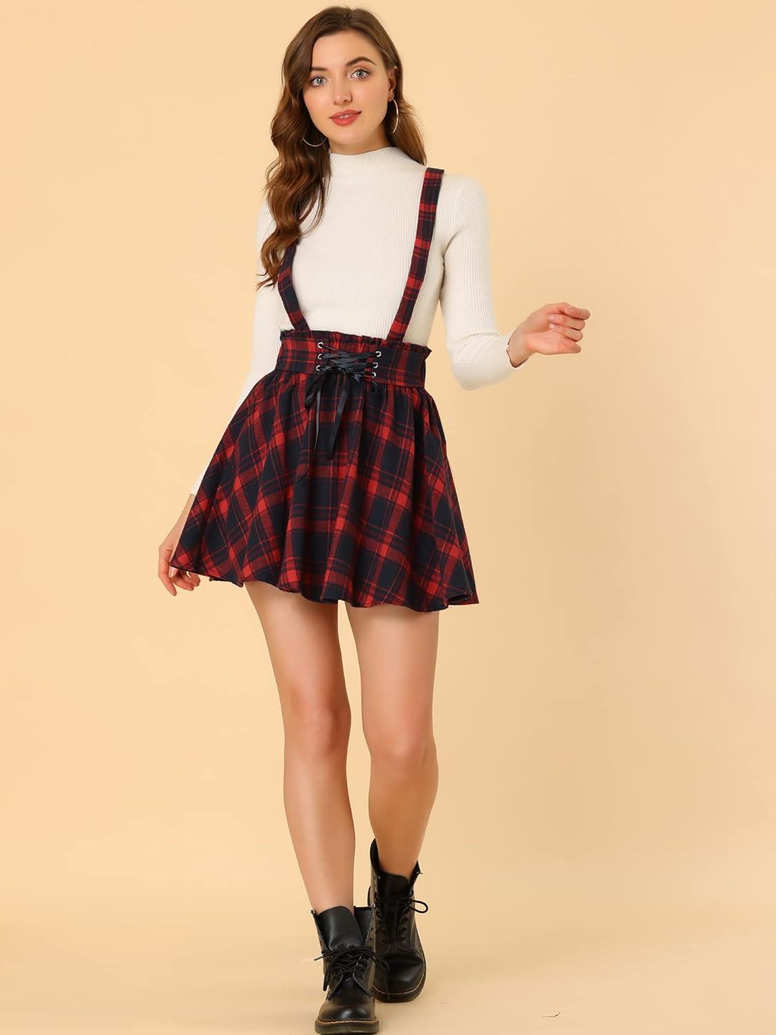 imageAllegra K Womens Halloween Tartan Skirt Gothic Plaid High Waist Detachable Suspender SkirtsRed Blue