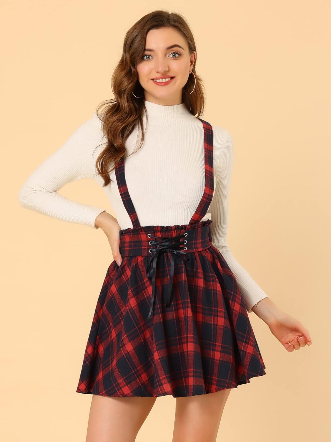 imageAllegra K Womens Halloween Tartan Skirt Gothic Plaid High Waist Detachable Suspender SkirtsRed Blue