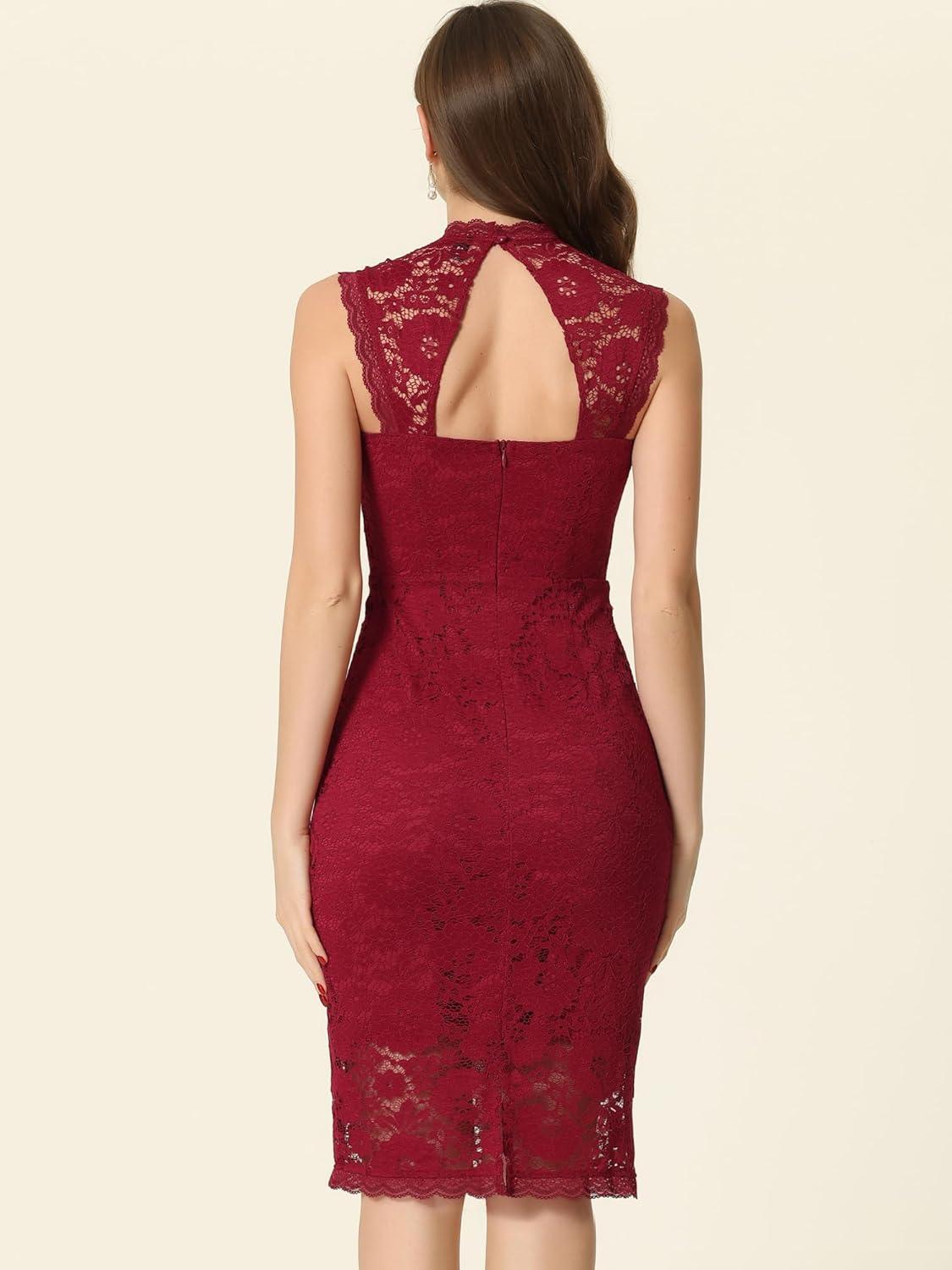 imageAllegra K Womens Lace Bodycon Dress Wedding Guest Elegant Sleeveless Cut Out Back Cocktail Party Sheath DressWine