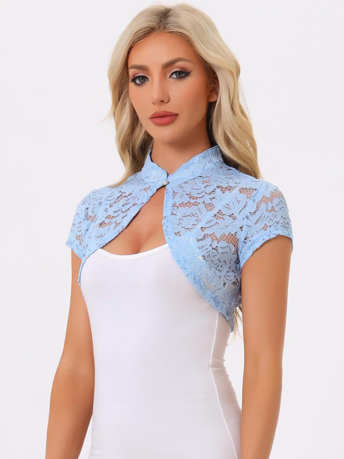 imageAllegra K Womens Lace Cardigan Stand Collar Short Elegant Shrug Open Front Cropped Bolero CardiganBlue