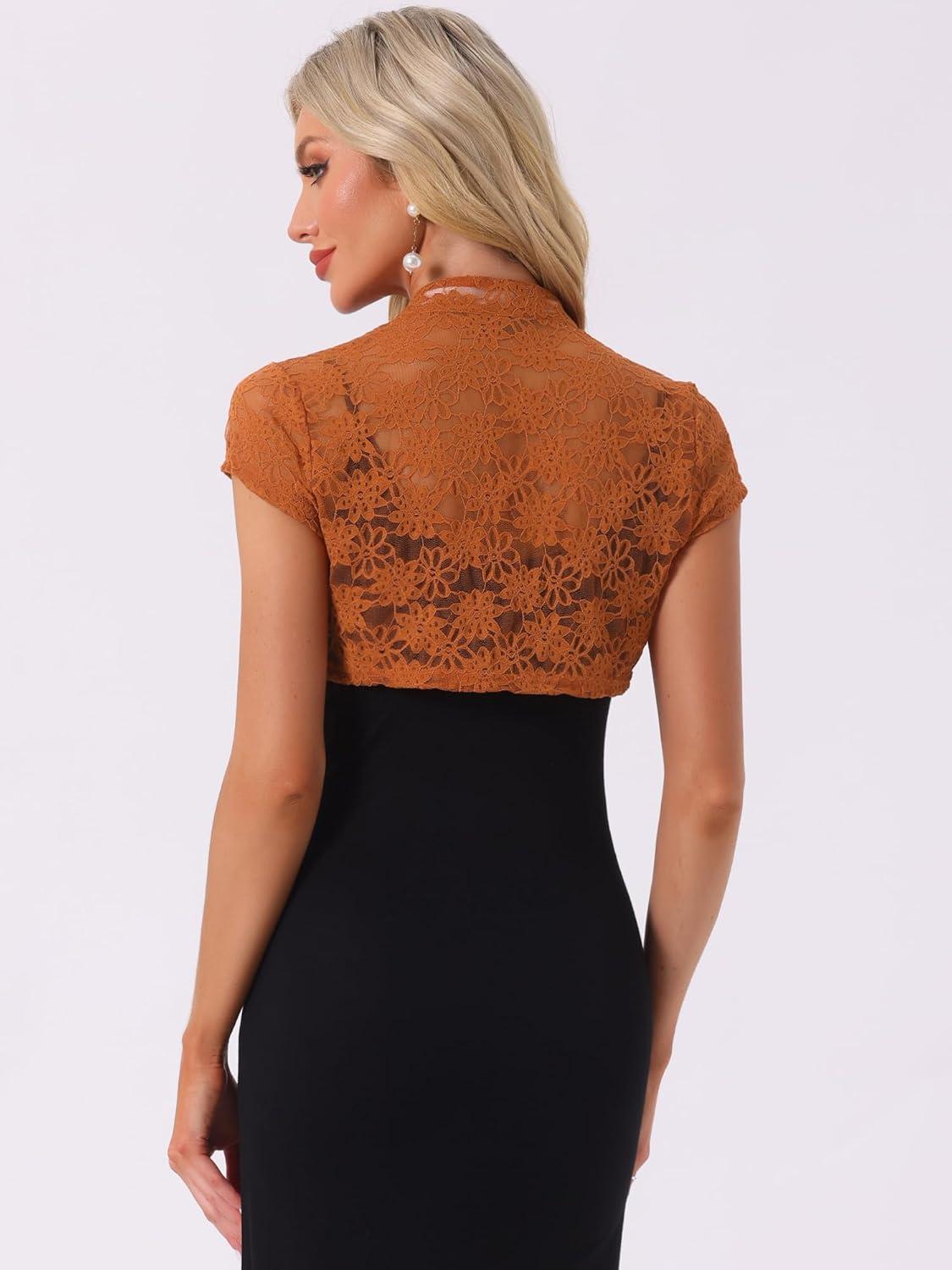 imageAllegra K Womens Lace Cardigan Stand Collar Short Elegant Shrug Open Front Cropped Bolero CardiganCaramel