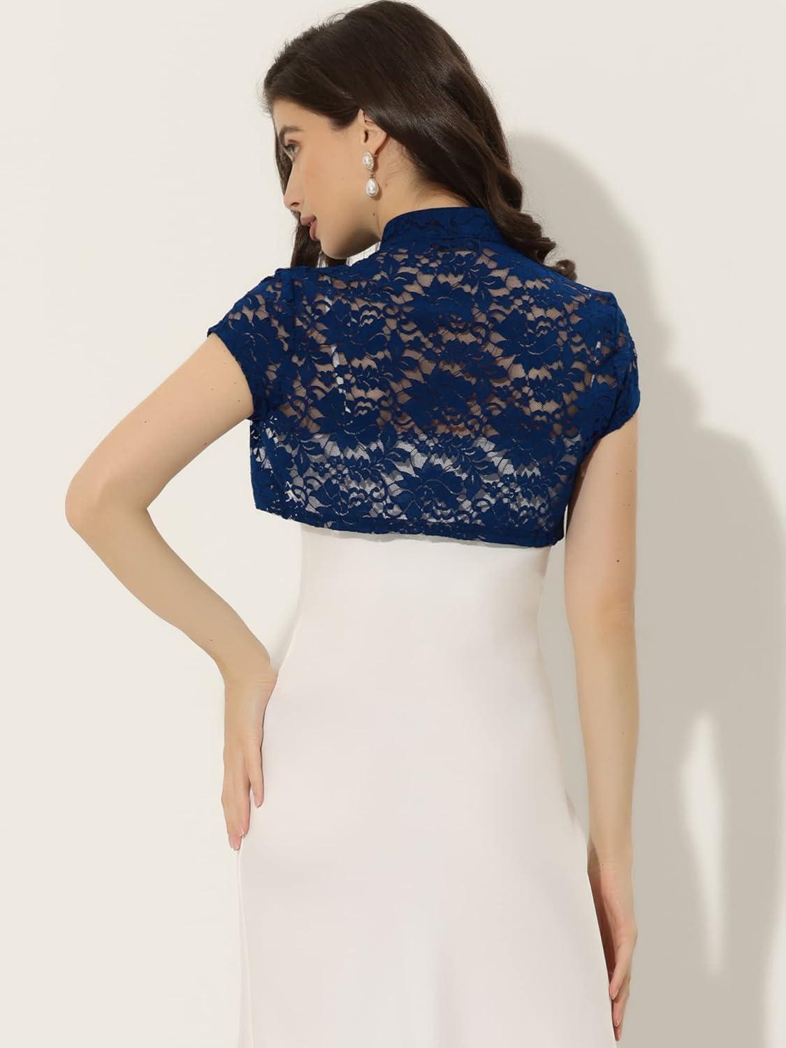 imageAllegra K Womens Lace Cardigan Stand Collar Short Elegant Shrug Open Front Cropped Bolero CardiganDark Blue