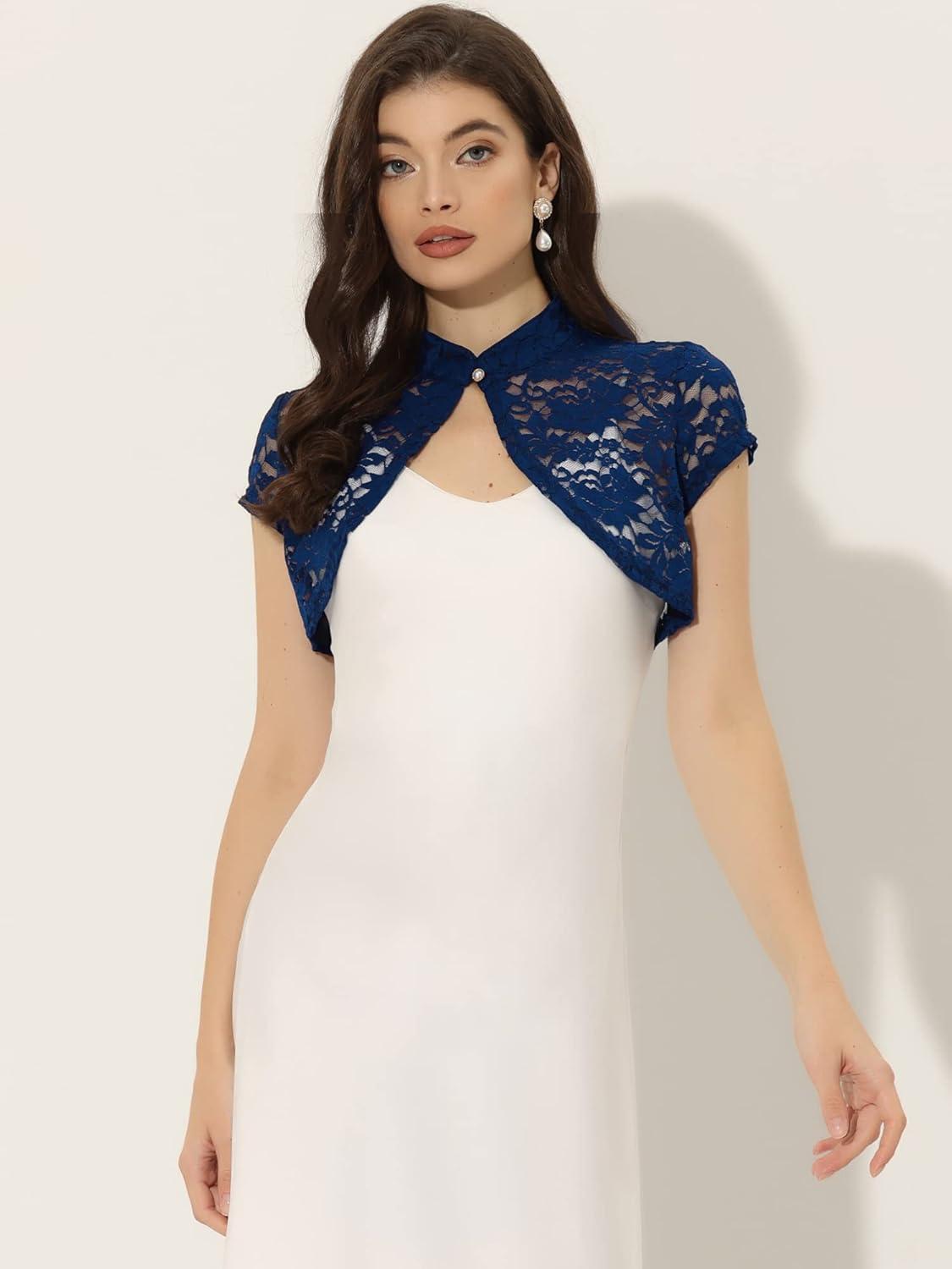 imageAllegra K Womens Lace Cardigan Stand Collar Short Elegant Shrug Open Front Cropped Bolero CardiganDark Blue