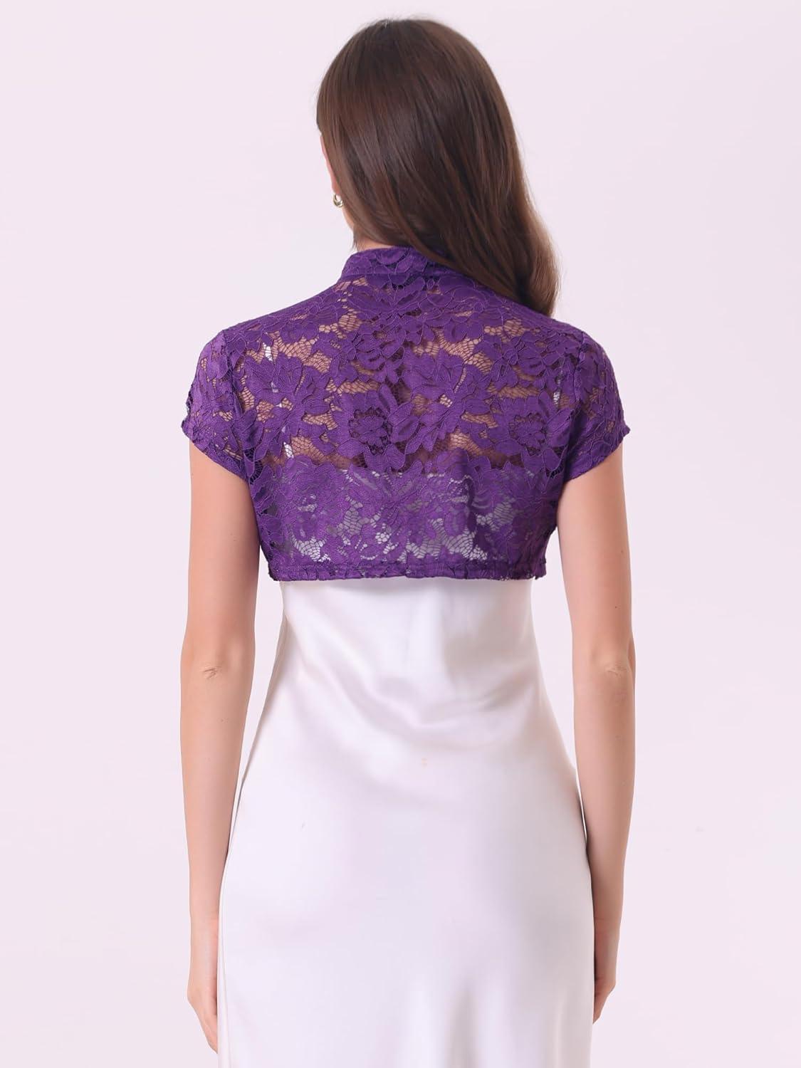 imageAllegra K Womens Lace Cardigan Stand Collar Short Elegant Shrug Open Front Cropped Bolero CardiganDark Purple