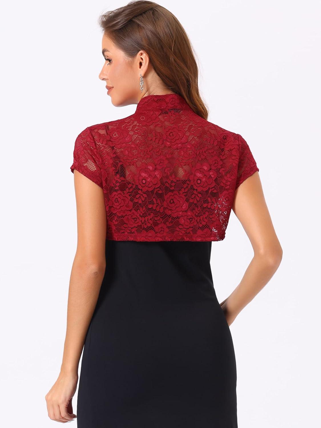 imageAllegra K Womens Lace Cardigan Stand Collar Short Elegant Shrug Open Front Cropped Bolero CardiganDark Red