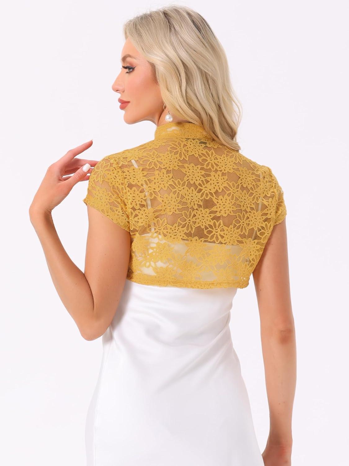 imageAllegra K Womens Lace Cardigan Stand Collar Short Elegant Shrug Open Front Cropped Bolero CardiganGinger Yellow