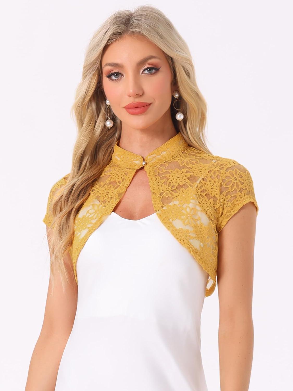 imageAllegra K Womens Lace Cardigan Stand Collar Short Elegant Shrug Open Front Cropped Bolero CardiganGinger Yellow