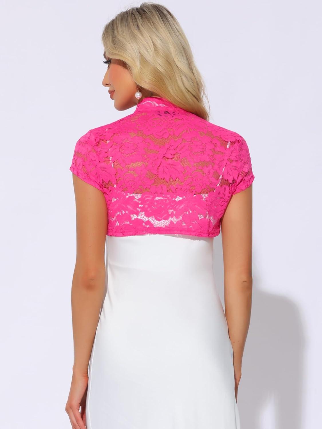 imageAllegra K Womens Lace Cardigan Stand Collar Short Elegant Shrug Open Front Cropped Bolero CardiganHot Pink