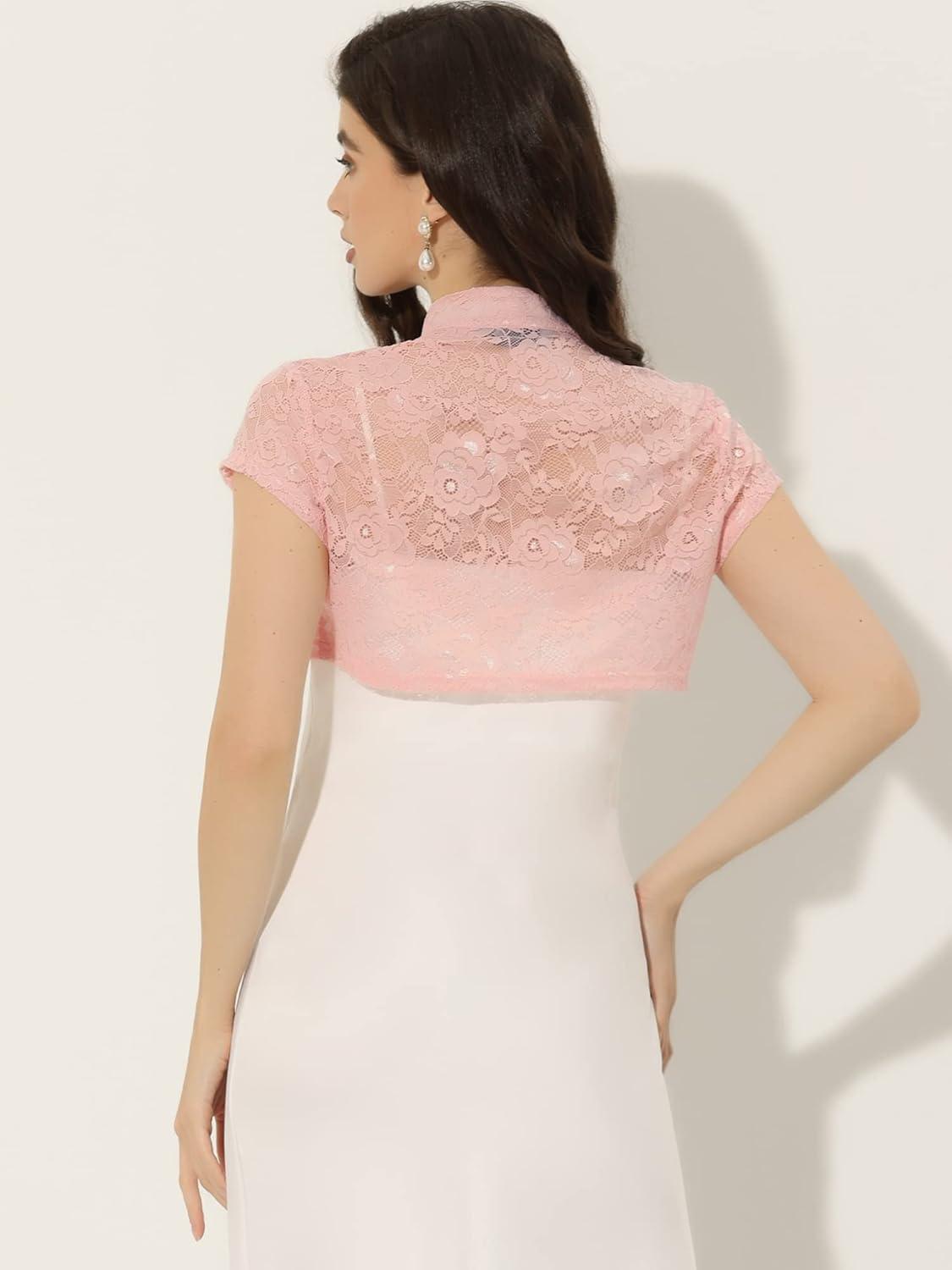 imageAllegra K Womens Lace Cardigan Stand Collar Short Elegant Shrug Open Front Cropped Bolero CardiganPink