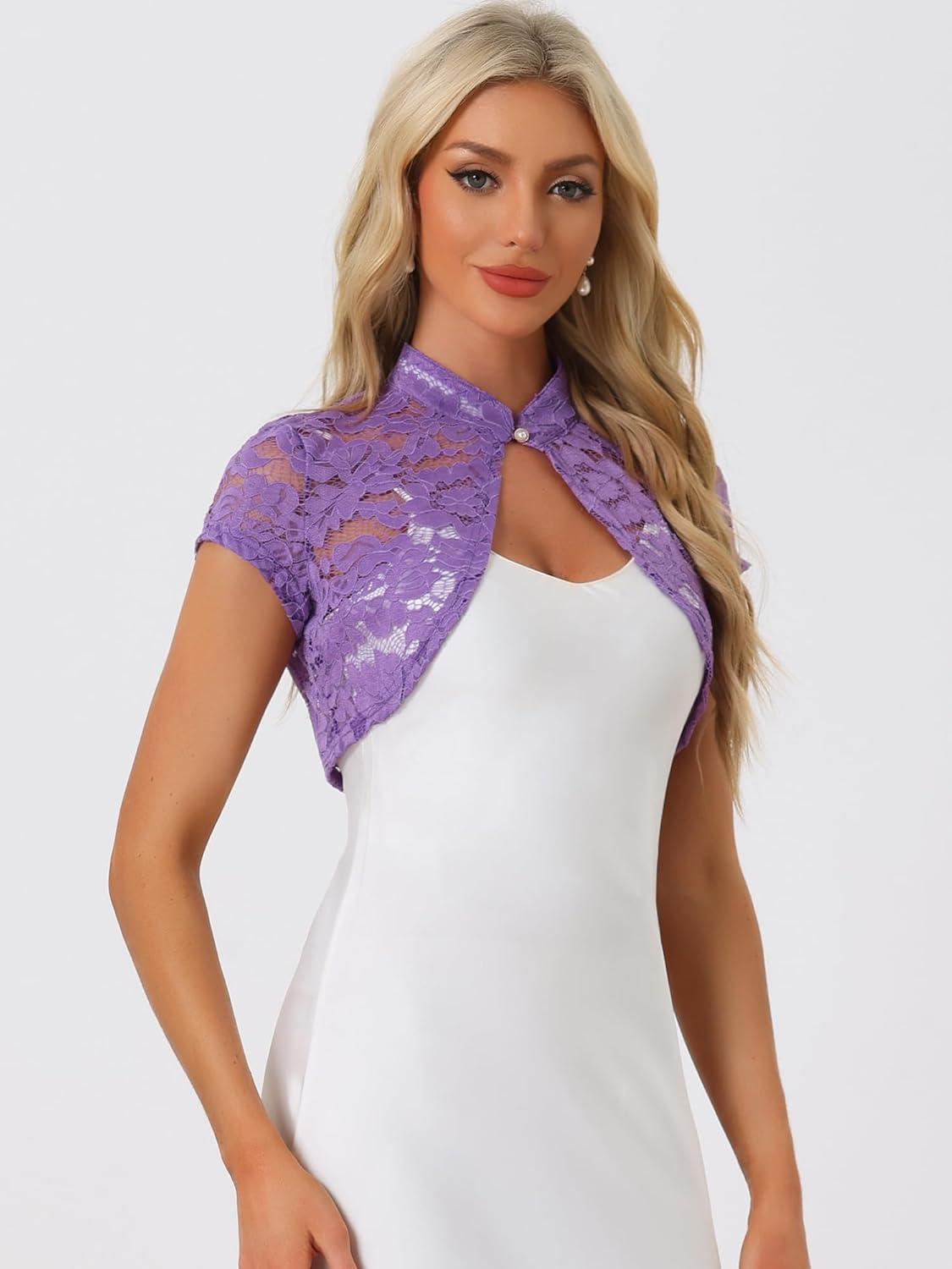 imageAllegra K Womens Lace Cardigan Stand Collar Short Elegant Shrug Open Front Cropped Bolero CardiganPurple
