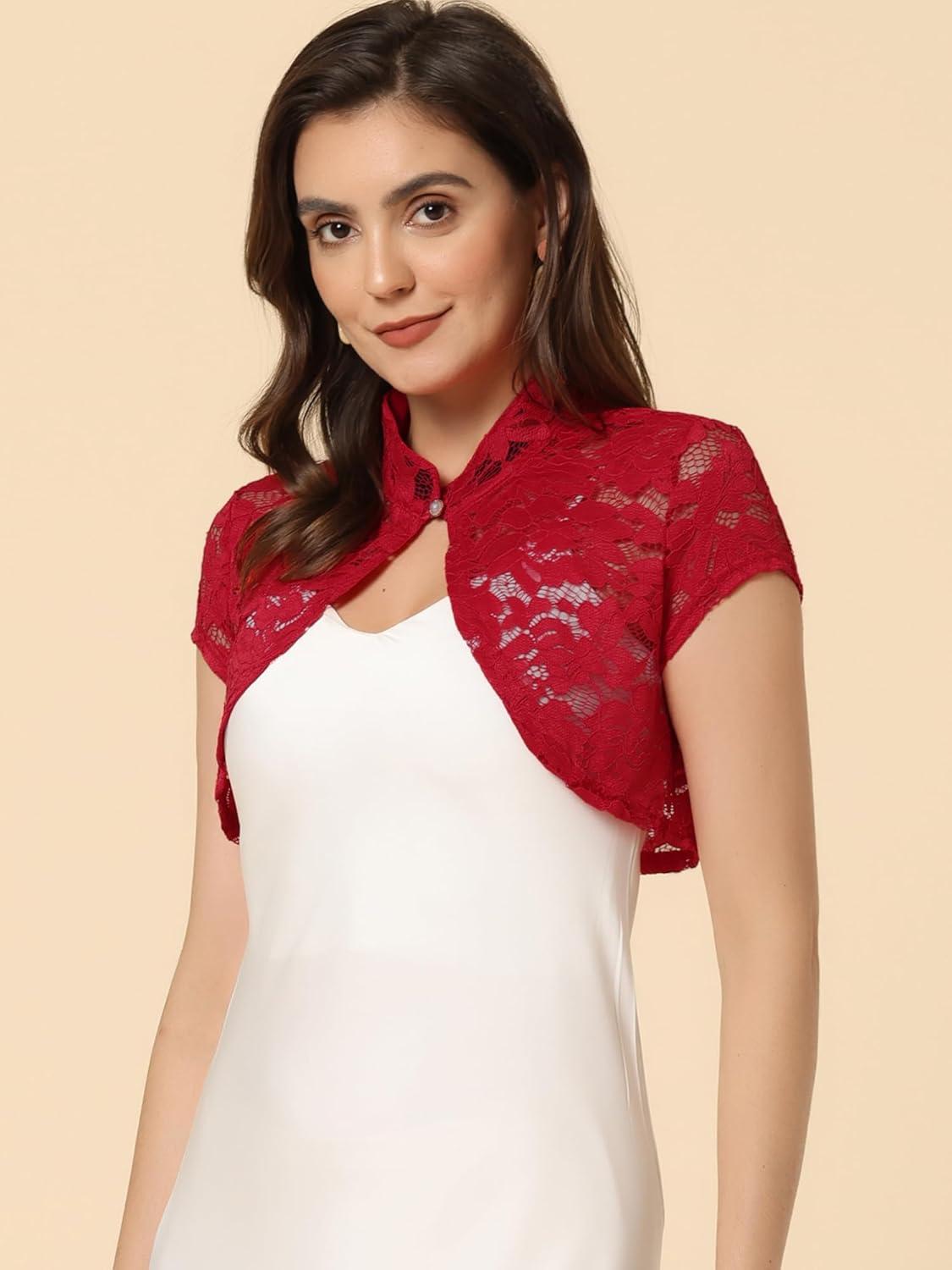 imageAllegra K Womens Lace Cardigan Stand Collar Short Elegant Shrug Open Front Cropped Bolero CardiganRed