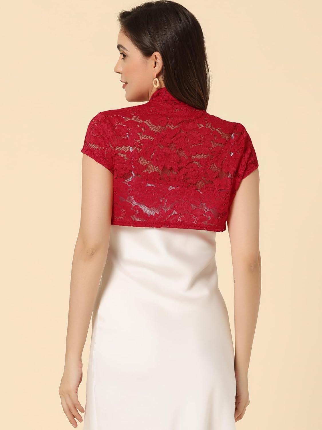 imageAllegra K Womens Lace Cardigan Stand Collar Short Elegant Shrug Open Front Cropped Bolero CardiganRed