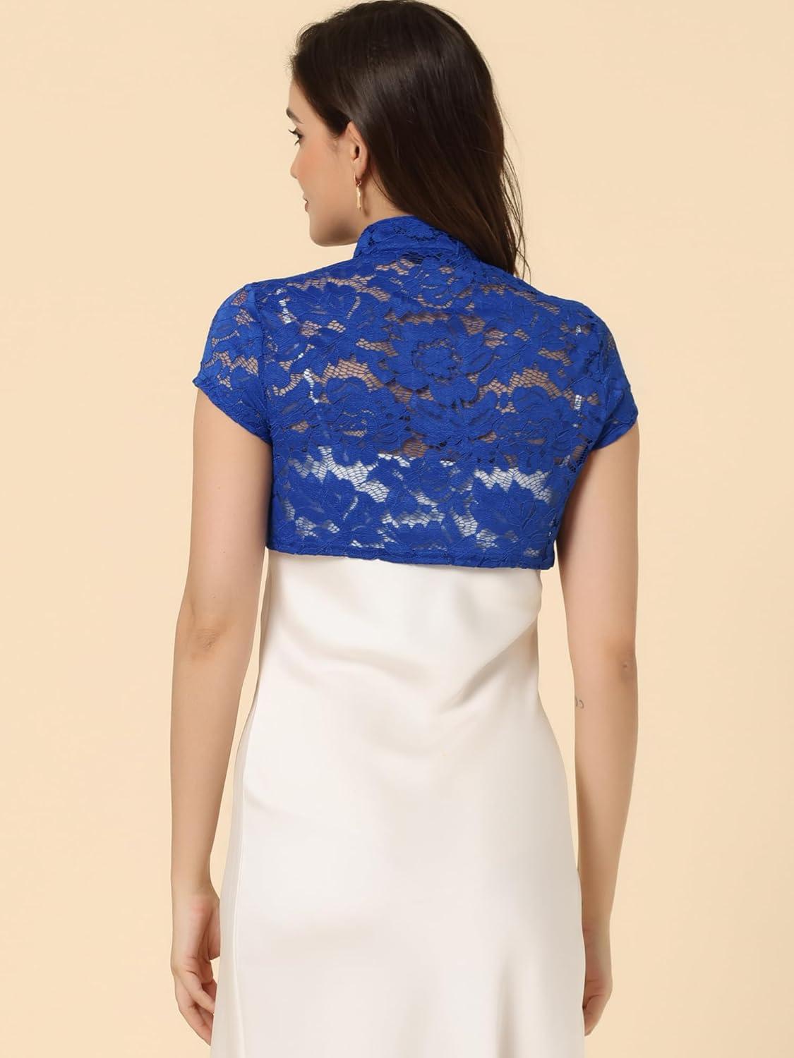 imageAllegra K Womens Lace Cardigan Stand Collar Short Elegant Shrug Open Front Cropped Bolero CardiganRoyal Blue