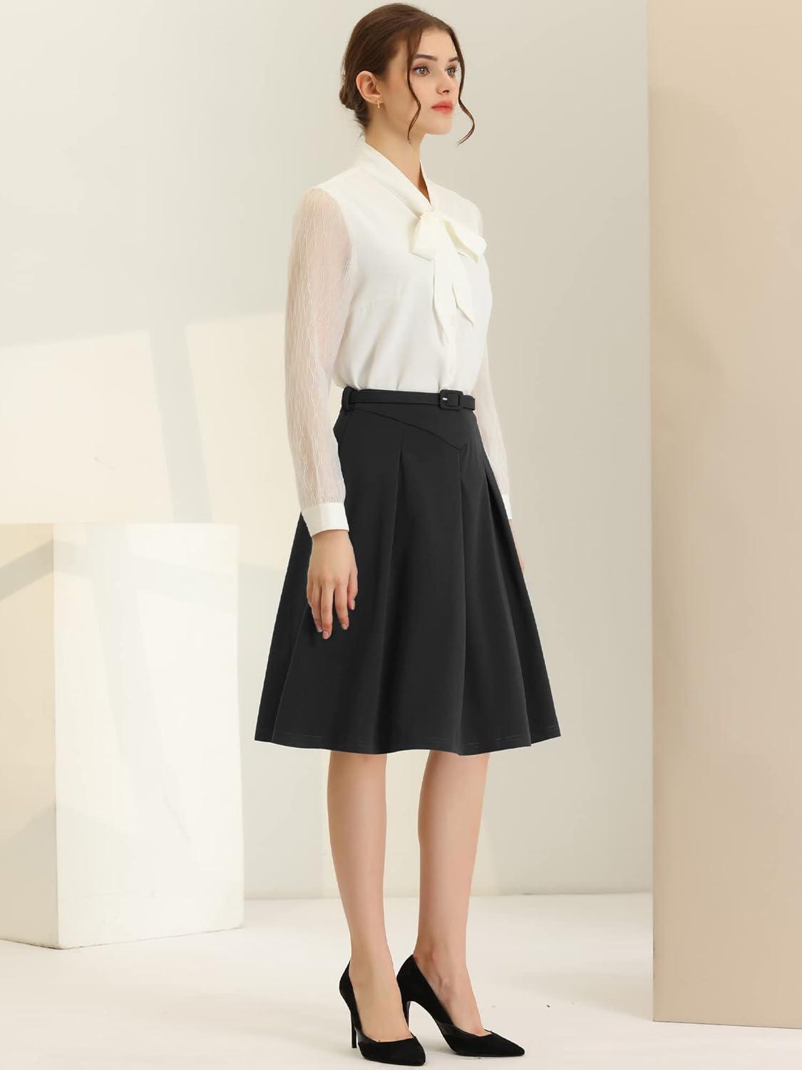 imageAllegra K Womens Office Work Skirts Belted Waist Midi ALine Pleated SkirtBlack
